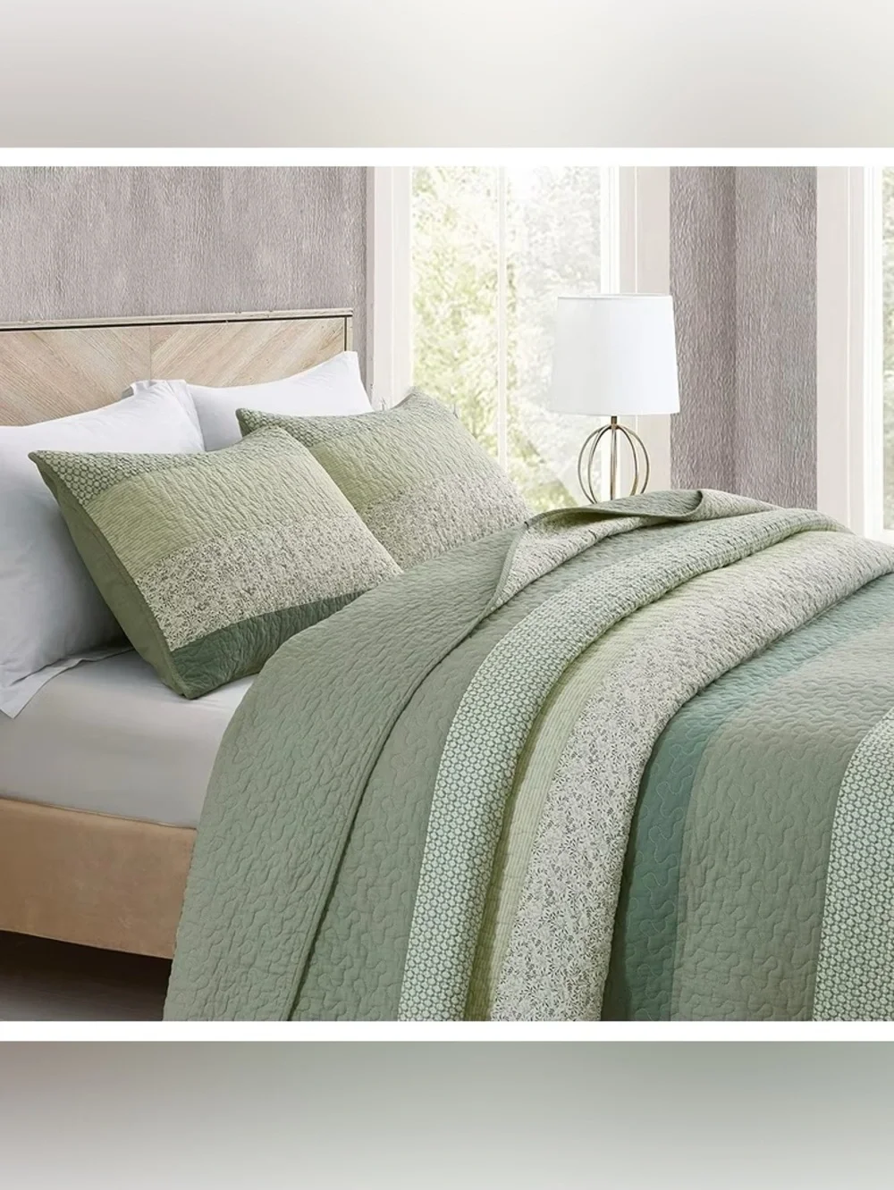 Light Green Stripe Queen 3 piece Quilt Set 100% cotton